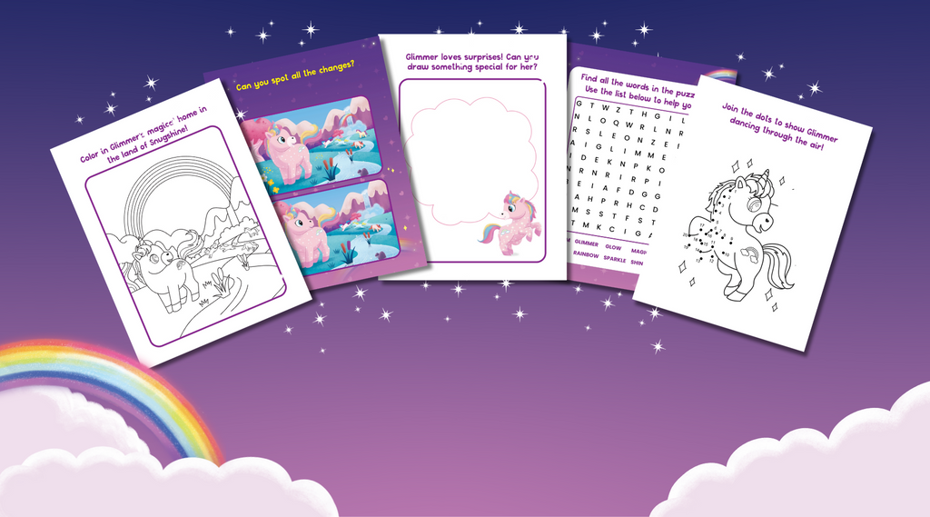 Pages from Glimmer the Glowing Unicorn Activity Book are displayed on a magical purple background