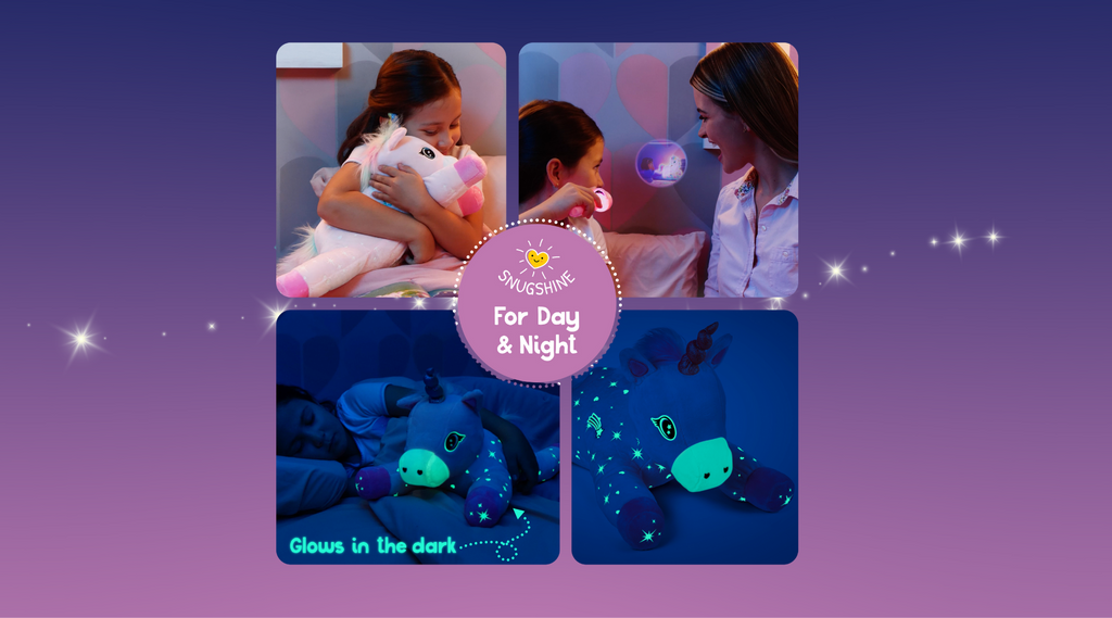 A girl hugging Glimmer the Glowing unicorn by day and Glimmer Unicorn Plush glowing by night