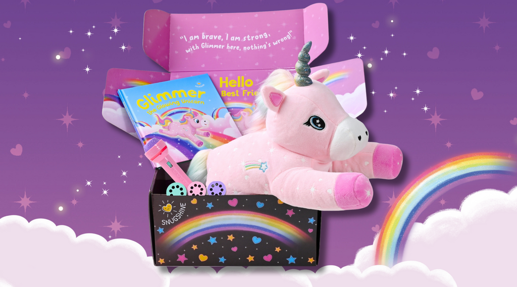 Glimmer the Glowing Unicorn Plush Set in her adorable packaging a great unicorn gift for kids
