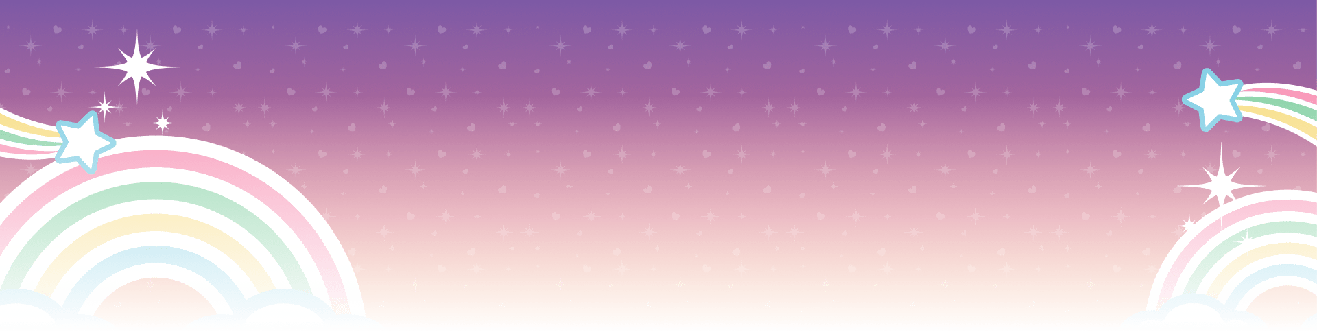 A magical purple sky with stars and love hearts in the background and rainbows and shooting stars